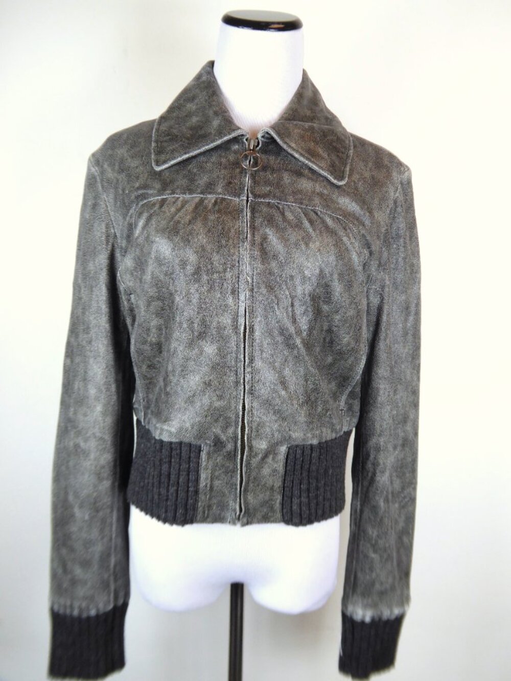 June Anthropologie black zip bomber moto Jacket L  antiqued leather